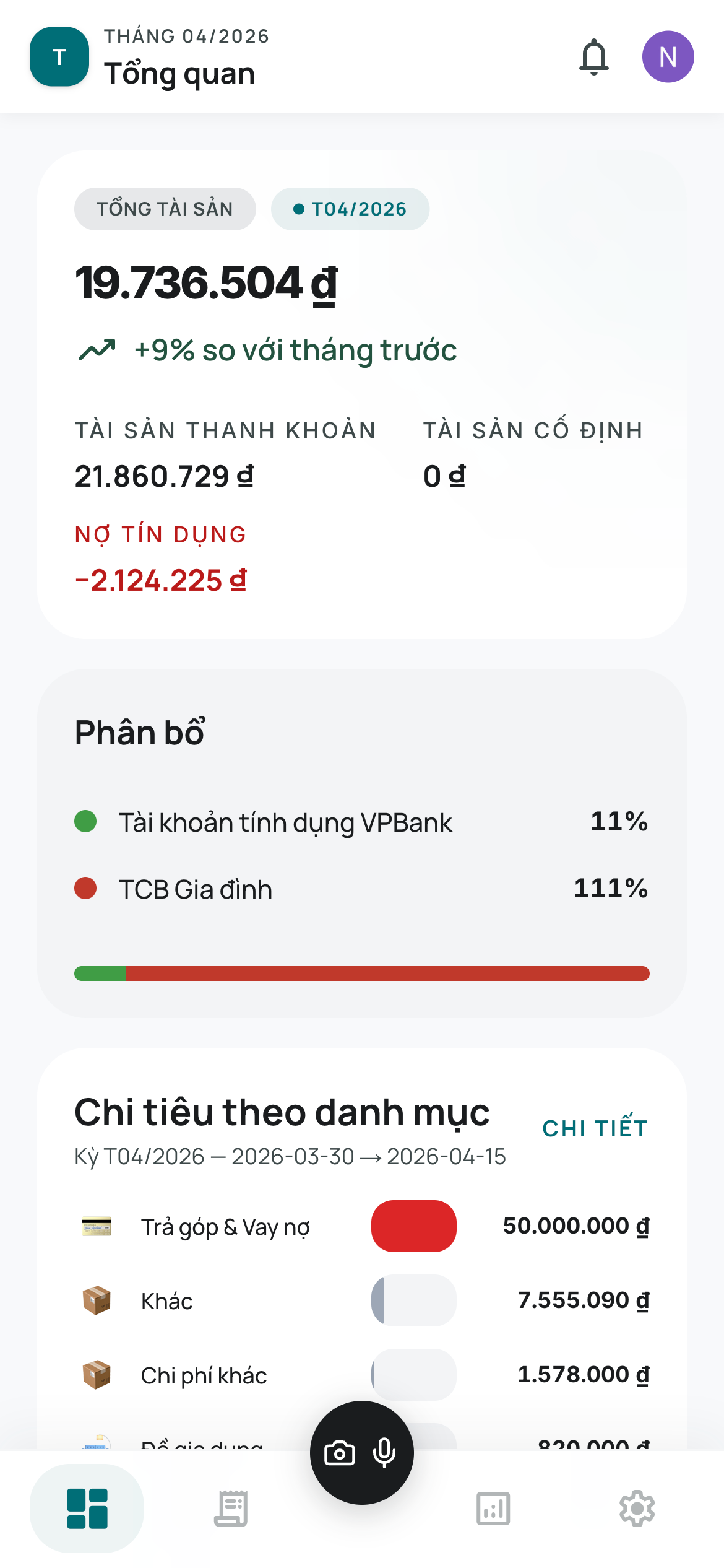 Hoppie Finance monthly overview screen